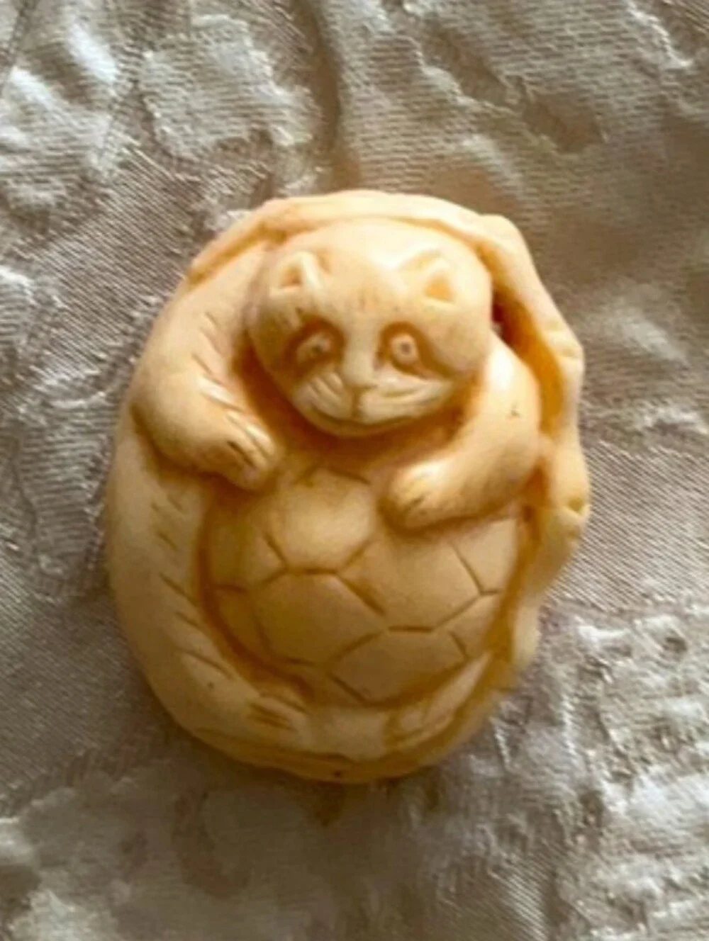 Vintage Netsuke Cat With Ball Carved Bead- Soft Cream Nest
